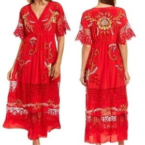 Johnny Was Celeste Embroidered crochet Silk Maxi Dress RARE NWT